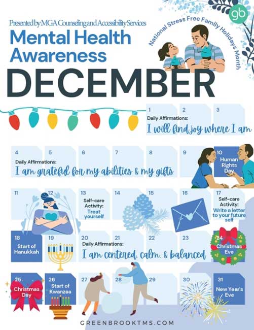 Mental health awareness calendar for December.